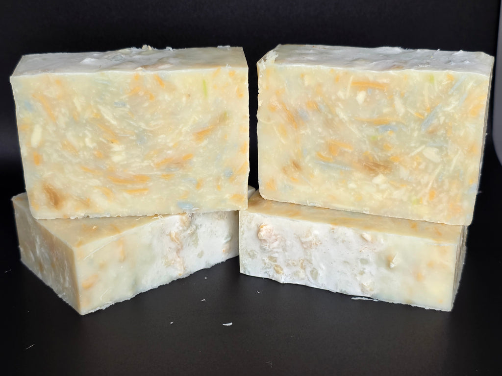 Upcycle Champagne - a handcrafted cold process soap made in small batches using recycled soap shavings from previous MessyMessy1 batches, creating a unique confetti-style design with a light champagne-inspired scent.