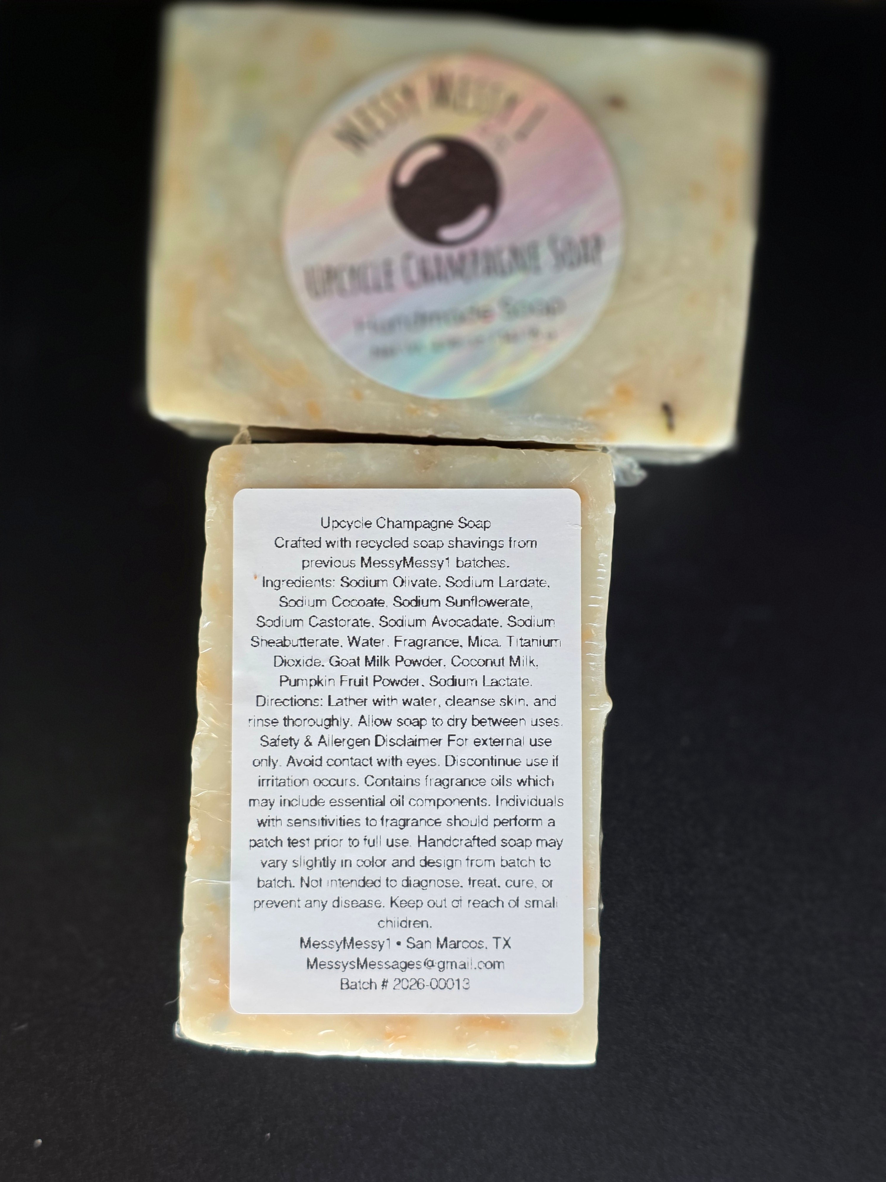 Upcycle Champagne - a handcrafted cold process soap made in small batches using recycled soap shavings from previous MessyMessy1 batches, creating a unique confetti-style design with a light champagne-inspired scent.