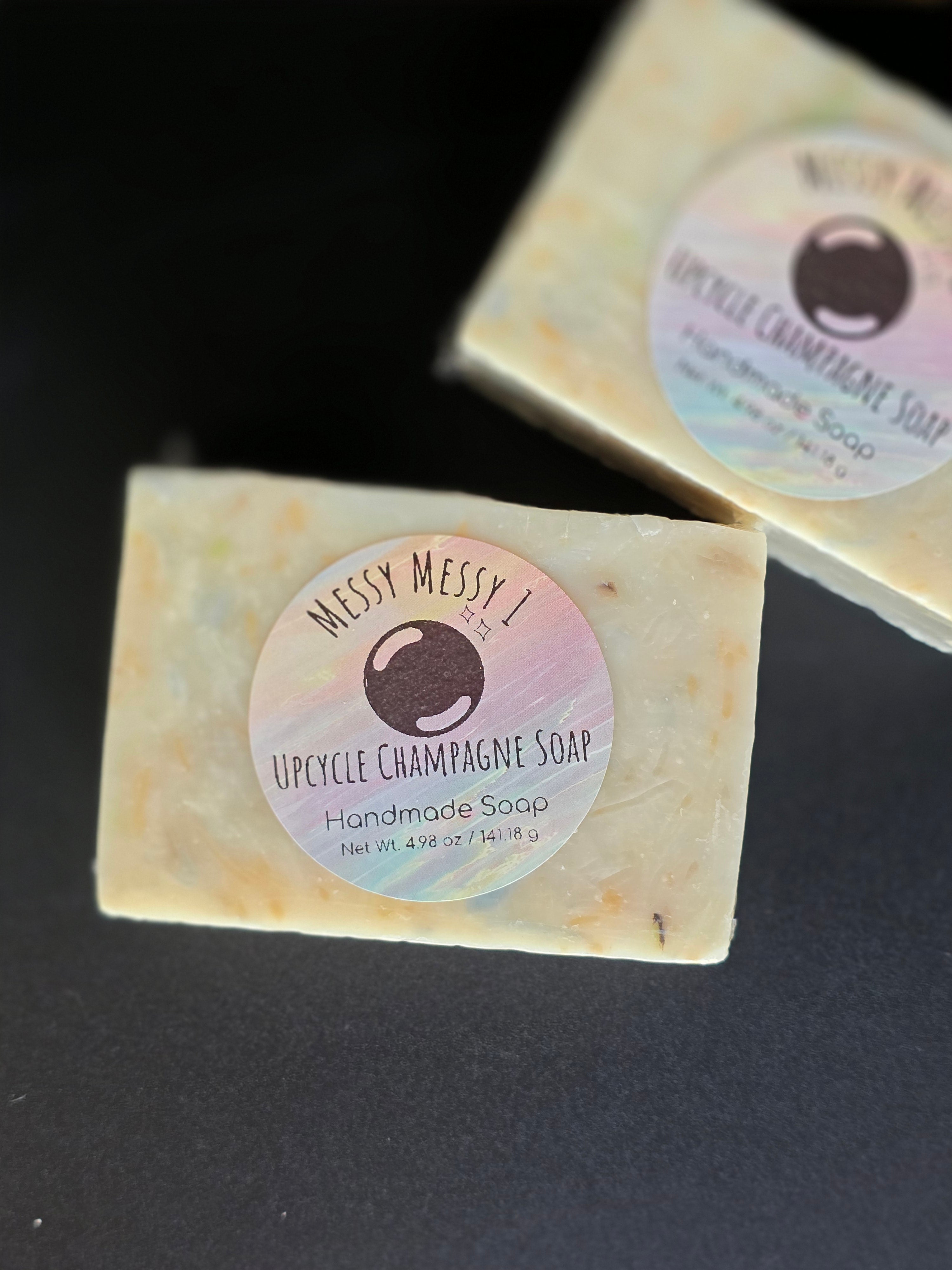 Upcycle Champagne - a handcrafted cold process soap made in small batches using recycled soap shavings from previous MessyMessy1 batches, creating a unique confetti-style design with a light champagne-inspired scent.