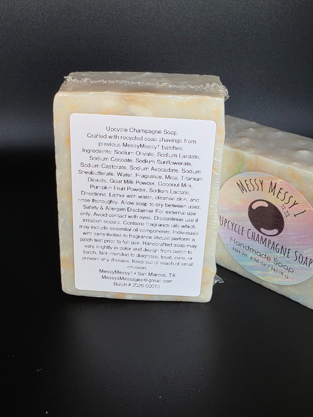 Upcycle Champagne - a handcrafted cold process soap made in small batches using recycled soap shavings from previous MessyMessy1 batches, creating a unique confetti-style design with a light champagne-inspired scent.