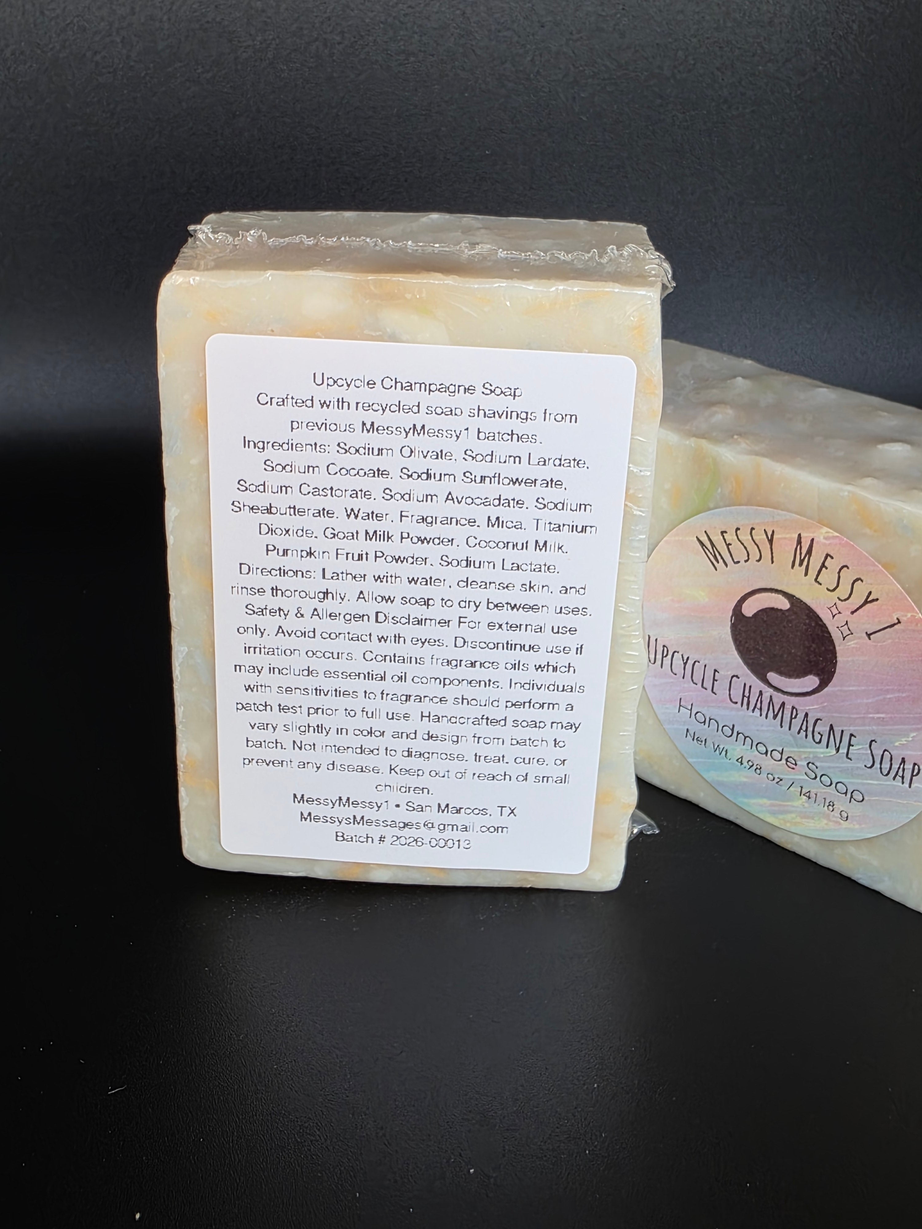 Upcycle Champagne - a handcrafted cold process soap made in small batches using recycled soap shavings from previous MessyMessy1 batches, creating a unique confetti-style design with a light champagne-inspired scent.